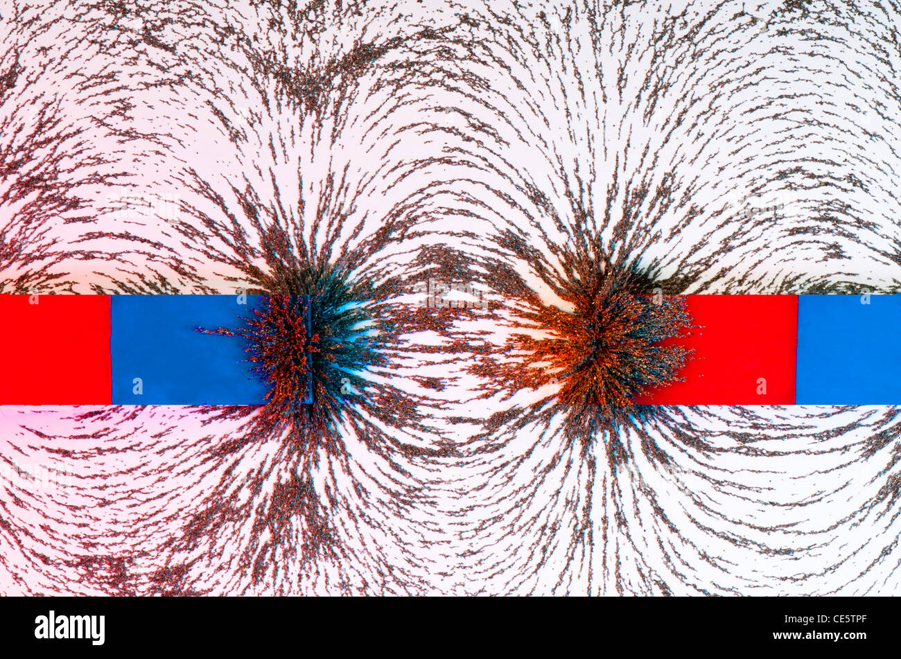 North and south `oles of a magnet with and the curved magnetic field shown by using iron filings illuminated in red and blue Stock Photo